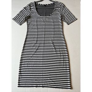 Ann Taylor Sz M Dress White Black Stripe Short Sleeve Rayon Knee Length